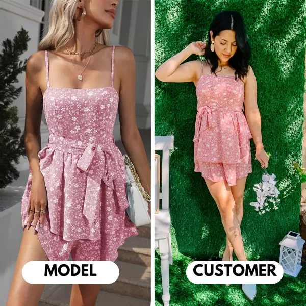 EXLURA Women's Summer Floral Sleeveless Skater Dress Rompers Spaghetti Strap Sundress Ruffle Wide Leg Short Jumpsuits