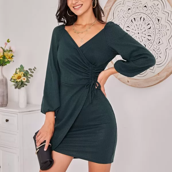 EXLURA Women's Wrap Bodycon Mini Dress Drawstring V Neck Long Lantern Sleeve Ruched Knit Sexy Bandage Cocktail Party Dresses