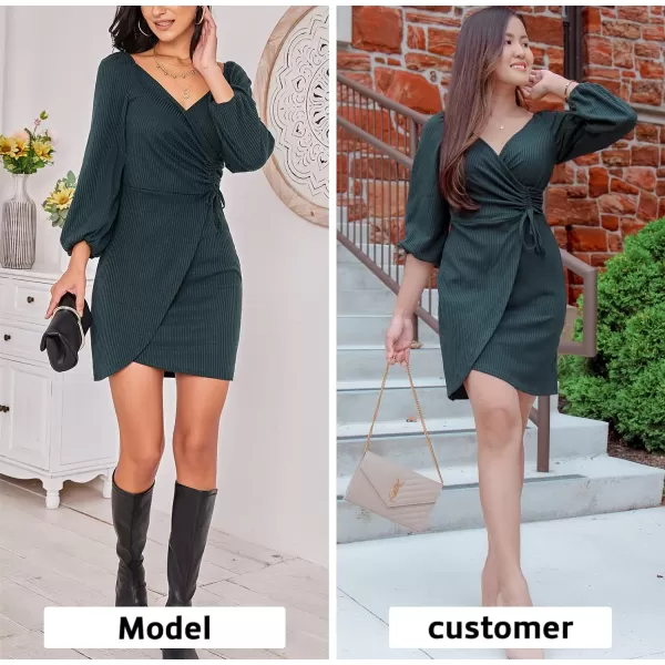 EXLURA Women's Wrap Bodycon Mini Dress Drawstring V Neck Long Lantern Sleeve Ruched Knit Sexy Bandage Cocktail Party Dresses