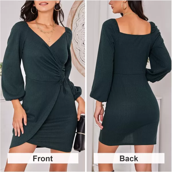 EXLURA Women's Wrap Bodycon Mini Dress Drawstring V Neck Long Lantern Sleeve Ruched Knit Sexy Bandage Cocktail Party Dresses