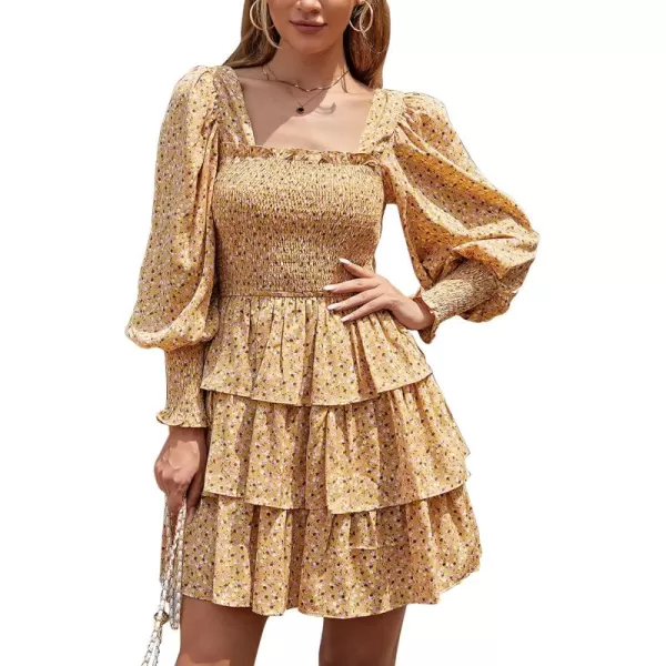 Byinns Women's 2024 Square Neck Ruffle Dress Long Sleeve Floral Print Tiered Tie Back Layered Swing Mini Dress