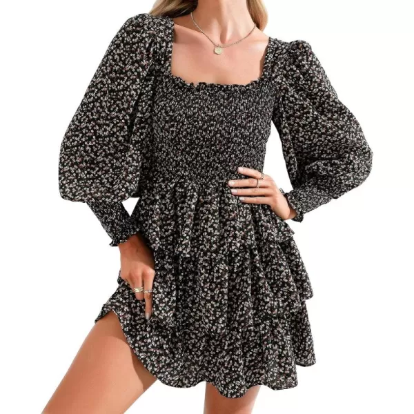 Byinns Women's 2024 Square Neck Ruffle Dress Long Sleeve Floral Print Tiered Tie Back Layered Swing Mini Dress