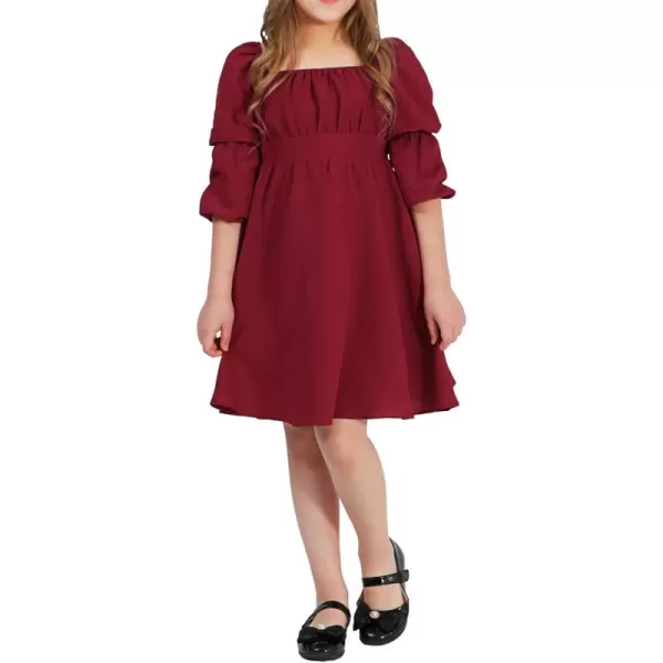 EXLURA Casual Long Puff Sleeve Girls Dresses Square Neck A Line Junior Teenage Kids Short Mini Dress Size 6-15 Years