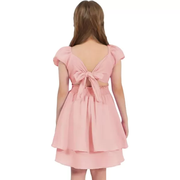 EXLURA Casual Short Cap Sleeve Girls Tie Back A Line Ruffle Hem Junior Teenage Kids Short Mini Dress Size 6-15 Years
