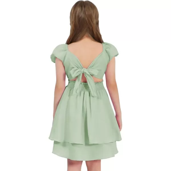 EXLURA Casual Short Cap Sleeve Girls Tie Back A Line Ruffle Hem Junior Teenage Kids Short Mini Dress Size 6-15 Years