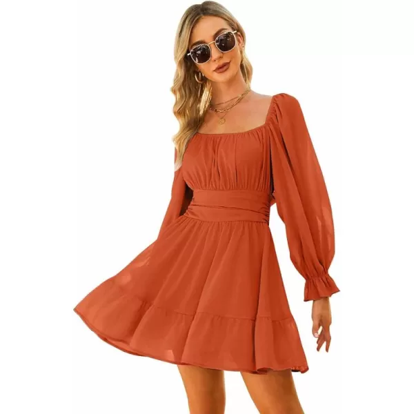 EXLURA Women's 2024 Casual Long Lantern Sleeve Dresses Square Neck Ruffle Tie Back Elastic Waist Aline Short Mini Dress