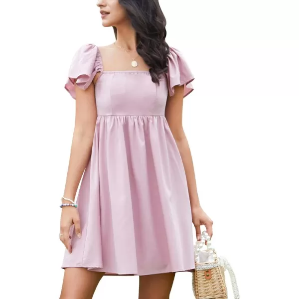 EXLURA Womens 2024 Casual Short Sleeve Square Neck Cap Sleeve Dress High Waist A-Line Summer Smocked Back Mini Dresses