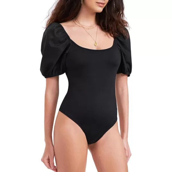 EXLURA Women's 2024 Square Neck Bodysuits Short Puff Sleeve Backless Shapewear Casual T Shirt Bodysuit Shirts Tops