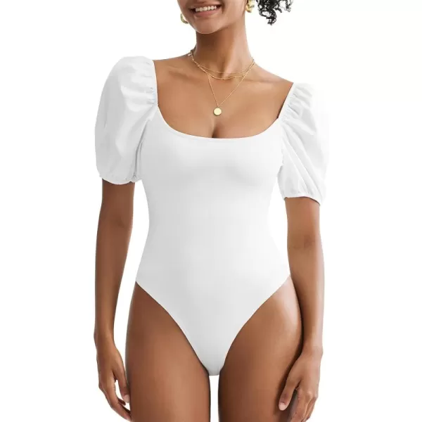 EXLURA Women's 2024 Square Neck Bodysuits Short Puff Sleeve Backless Shapewear Casual T Shirt Bodysuit Shirts Tops