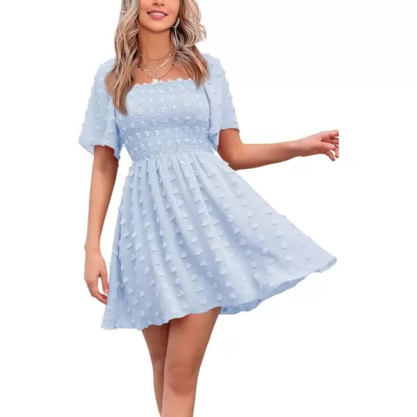 EXLURA Women's 2024 Summer Casual Ruffle Short Sleeve Swiss Dot Mini Dress Smocked Square Neck Flowy Sundress