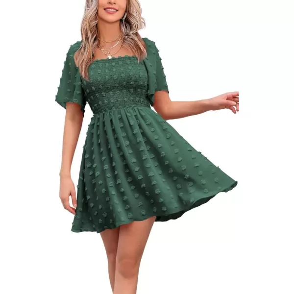 EXLURA Women's 2024 Summer Casual Ruffle Short Sleeve Swiss Dot Mini Dress Smocked Square Neck Flowy Sundress