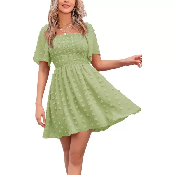 EXLURA Women's 2024 Summer Casual Ruffle Short Sleeve Swiss Dot Mini Dress Smocked Square Neck Flowy Sundress