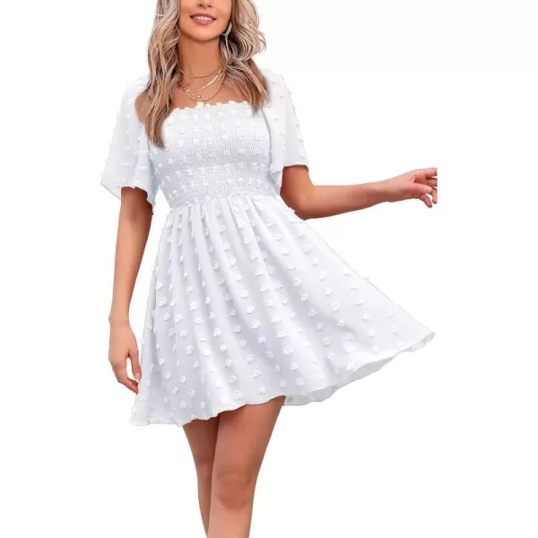 EXLURA Women's 2024 Summer Casual Ruffle Short Sleeve Swiss Dot Mini Dress Smocked Square Neck Flowy Sundress