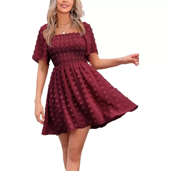EXLURA Women's 2024 Summer Casual Ruffle Short Sleeve Swiss Dot Mini Dress Smocked Square Neck Flowy Sundress