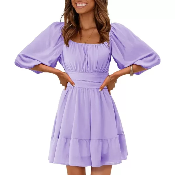EXLURA Women's 2024 Summer Lantern Short Sleeve Tie Back Casual Dresses Square Neck Off Shoulder A-Line Vintage Mini Dress