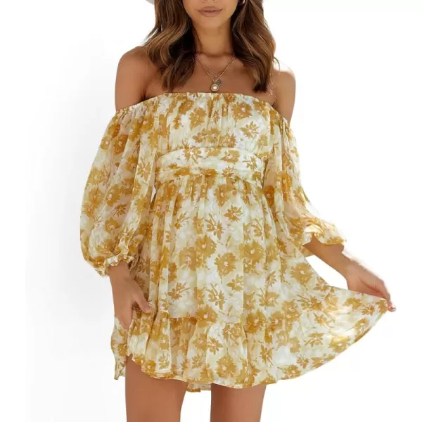 EXLURA Women's 2024 Summer Lantern Short Sleeve Tie Back Casual Dresses Square Neck Off Shoulder A-Line Vintage Mini Dress