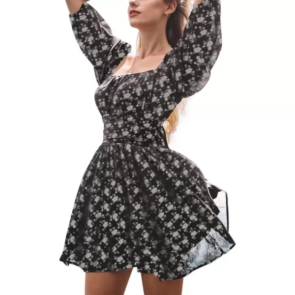 EXLURA Women's 2024 Summer Lantern Short Sleeve Tie Back Casual Dresses Square Neck Off Shoulder A-Line Vintage Mini Dress