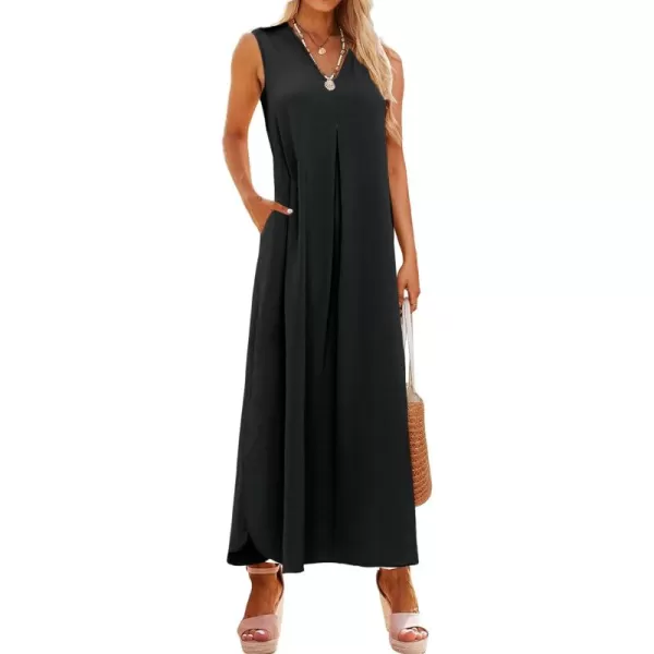 EXLURA Womens 2024 V Neck Sleeveless Summer Beach Dress Tank Split Maxi Cover Up Boho Dresses with Pockets