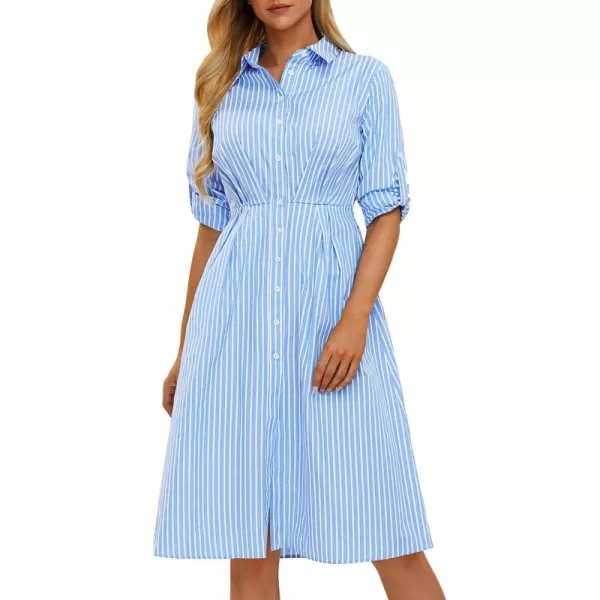 EXLURA Women's Casual Spring Long Sleeve Button Down Striped Midi Shirt Dress Elastic Waist Work Outfit