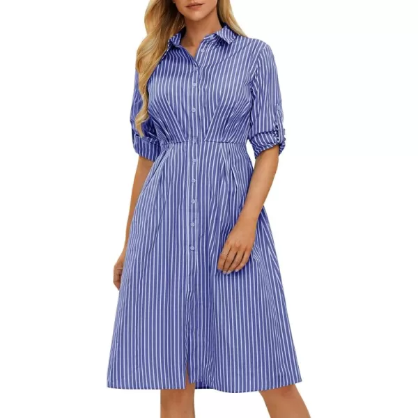 EXLURA Women's Casual Spring Long Sleeve Button Down Striped Midi Shirt Dress Elastic Waist Work Outfit