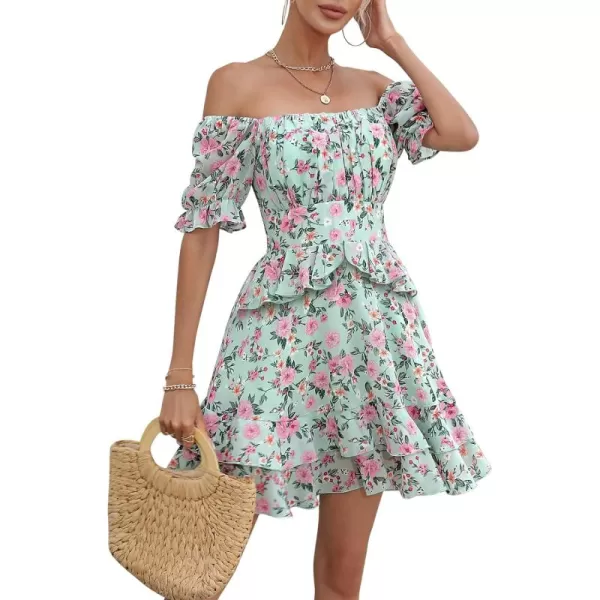 EXLURA Womens Floral Ruffle Sun Dress Sundress Tiered Square Neck Long Sleeve Off Shoulder Smocked Skater Mini Dress