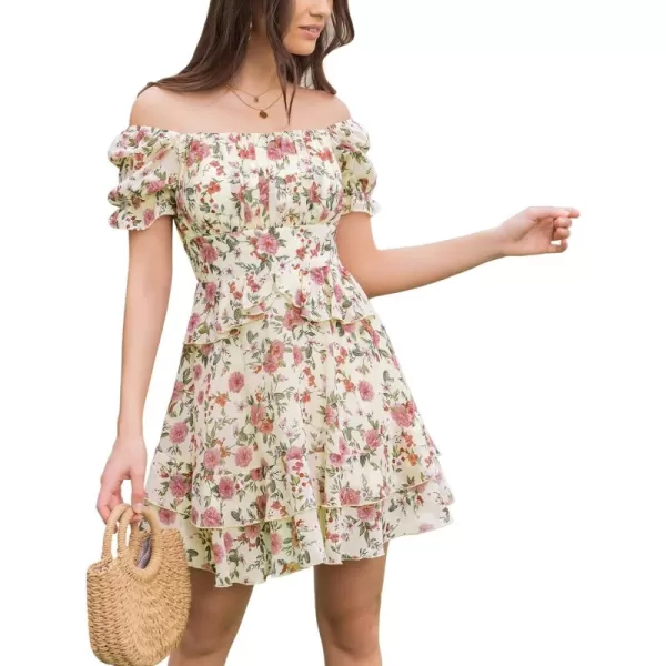 EXLURA Womens Floral Ruffle Sun Dress Sundress Tiered Square Neck Long Sleeve Off Shoulder Smocked Skater Mini Dress