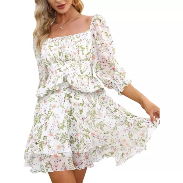 EXLURA Womens Floral Ruffle Sun Dress Sundress Tiered Square Neck Long Sleeve Off Shoulder Smocked Skater Mini Dress