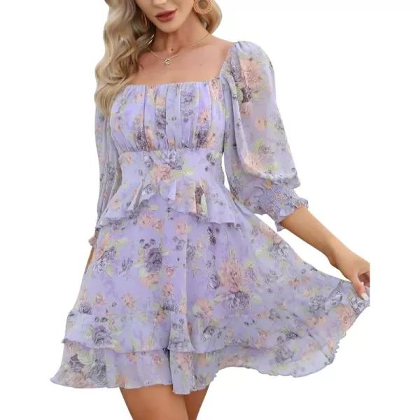 EXLURA Womens Floral Ruffle Sun Dress Sundress Tiered Square Neck Long Sleeve Off Shoulder Smocked Skater Mini Dress