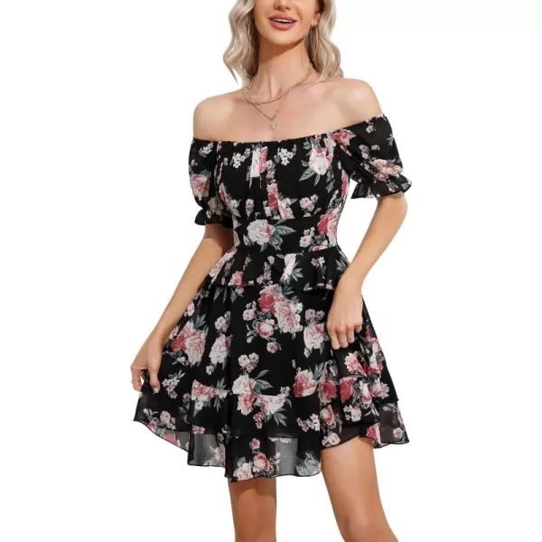 EXLURA Womens Floral Ruffle Sun Dress Sundress Tiered Square Neck Long Sleeve Off Shoulder Smocked Skater Mini Dress