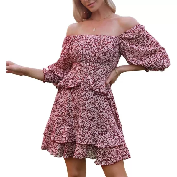 EXLURA Womens Floral Ruffle Sun Dress Sundress Tiered Square Neck Long Sleeve Off Shoulder Smocked Skater Mini Dress