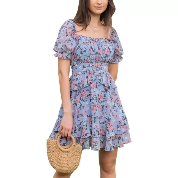 EXLURA Womens Floral Ruffle Sun Dress Sundress Tiered Square Neck Long Sleeve Off Shoulder Smocked Skater Mini Dress