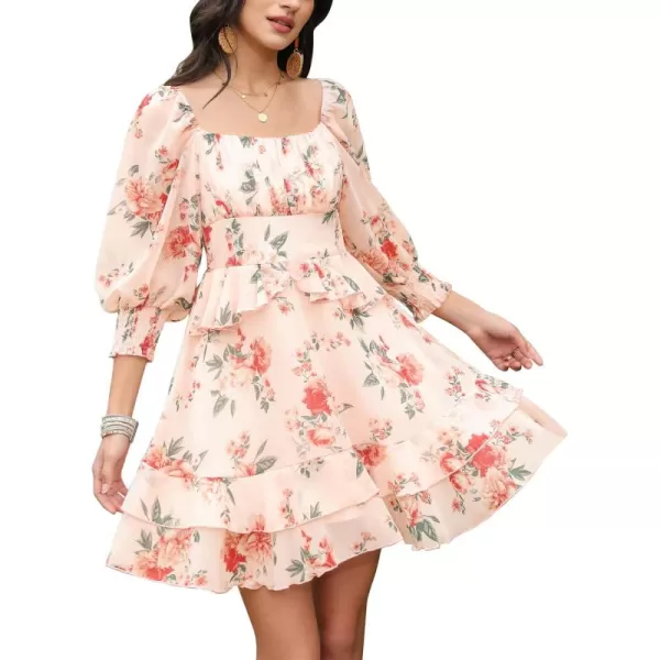 EXLURA Womens Floral Ruffle Sun Dress Sundress Tiered Square Neck Long Sleeve Off Shoulder Smocked Skater Mini Dress