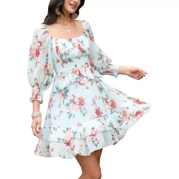 EXLURA Womens Floral Ruffle Sun Dress Sundress Tiered Square Neck Long Sleeve Off Shoulder Smocked Skater Mini Dress