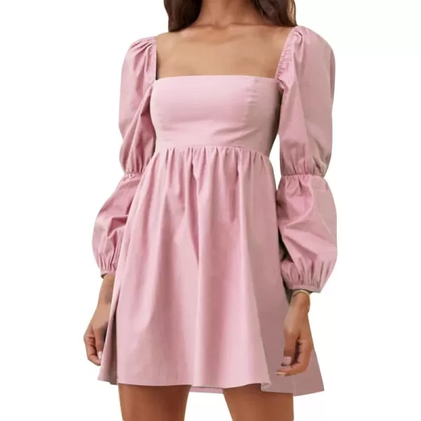 EXLURA Womens Square Neck Dress Long Puff Sleeve A-Line Casual Short Mini Dress