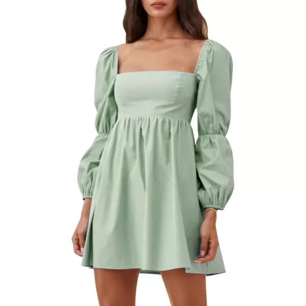EXLURA Womens Square Neck Dress Long Puff Sleeve A-Line Casual Short Mini Dress