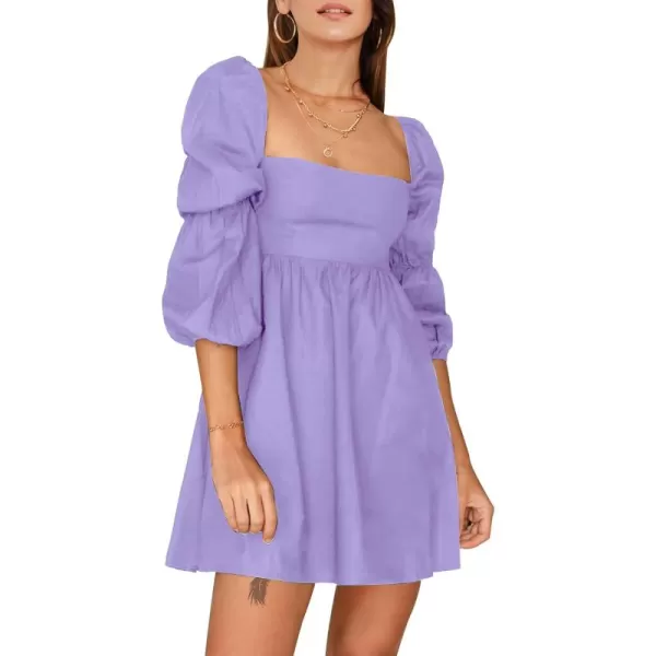 EXLURA Womens Square Neck Dress Long Puff Sleeve A-Line Casual Short Mini Dress