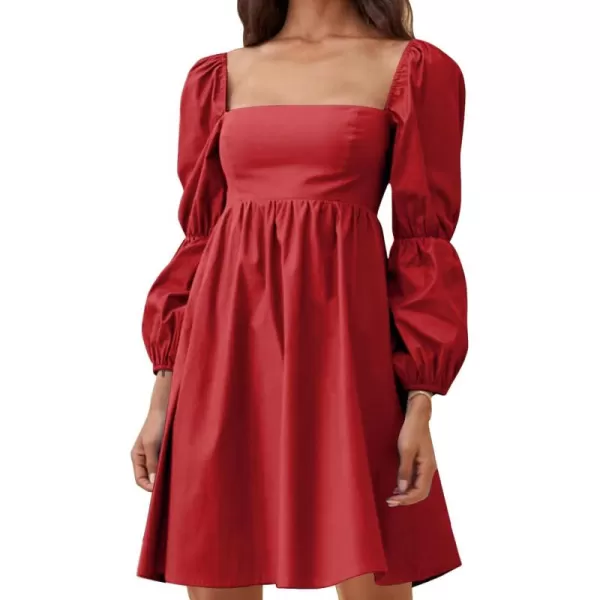 EXLURA Womens Square Neck Dress Long Puff Sleeve A-Line Casual Short Mini Dress