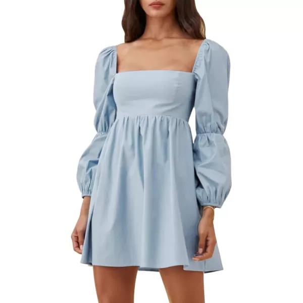 EXLURA Womens Square Neck Dress Long Puff Sleeve A-Line Casual Short Mini Dress