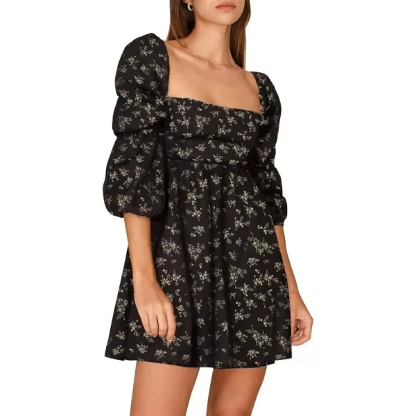 EXLURA Womens Square Neck Dress Long Puff Sleeve A-Line Casual Short Mini Dress