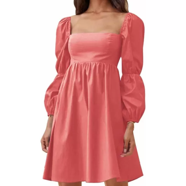 EXLURA Womens Square Neck Dress Long Puff Sleeve A-Line Casual Short Mini Dress