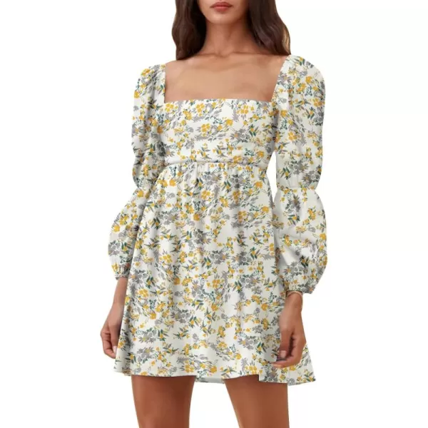 EXLURA Womens Square Neck Dress Long Puff Sleeve A-Line Casual Short Mini Dress