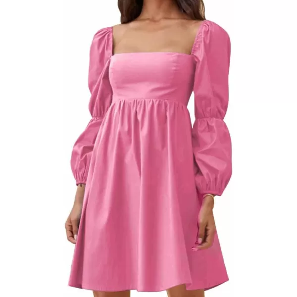 EXLURA Womens Square Neck Dress Long Puff Sleeve A-Line Casual Short Mini Dress