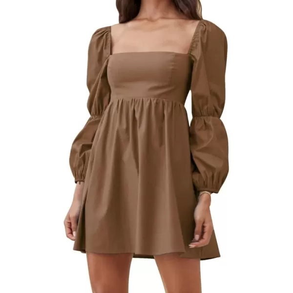 EXLURA Womens Square Neck Dress Long Puff Sleeve A-Line Casual Short Mini Dress