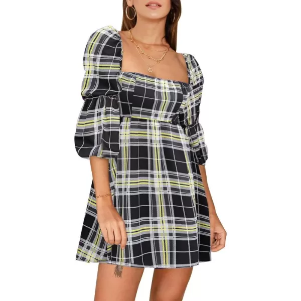 EXLURA Womens Square Neck Dress Long Puff Sleeve A-Line Casual Short Mini Dress