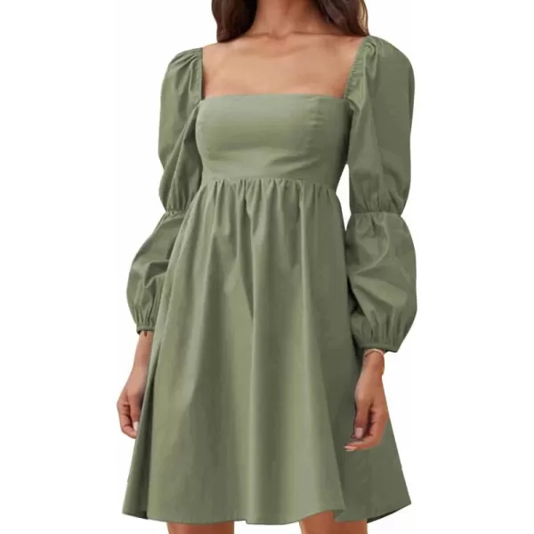 EXLURA Womens Square Neck Dress Long Puff Sleeve A-Line Casual Short Mini Dress