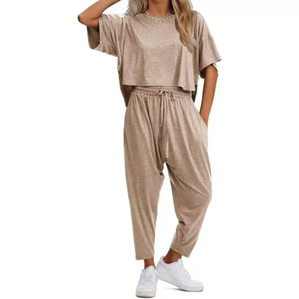 EXLURA Women's Summer 2 Piece Outfits Short Sleeve Crop Top and Jogger Pants Loose Pajama Lounge Matching Sets Tracksuit 2024
