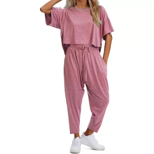 EXLURA Women's Summer 2 Piece Outfits Short Sleeve Crop Top and Jogger Pants Loose Pajama Lounge Matching Sets Tracksuit 2024