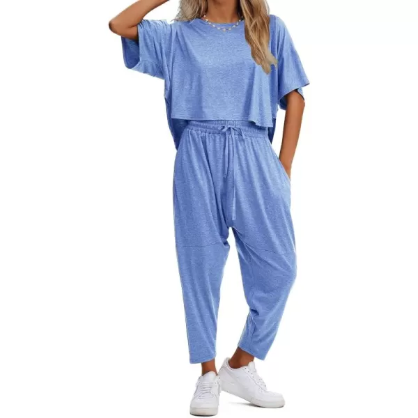 EXLURA Women's Summer 2 Piece Outfits Short Sleeve Crop Top and Jogger Pants Loose Pajama Lounge Matching Sets Tracksuit 2024