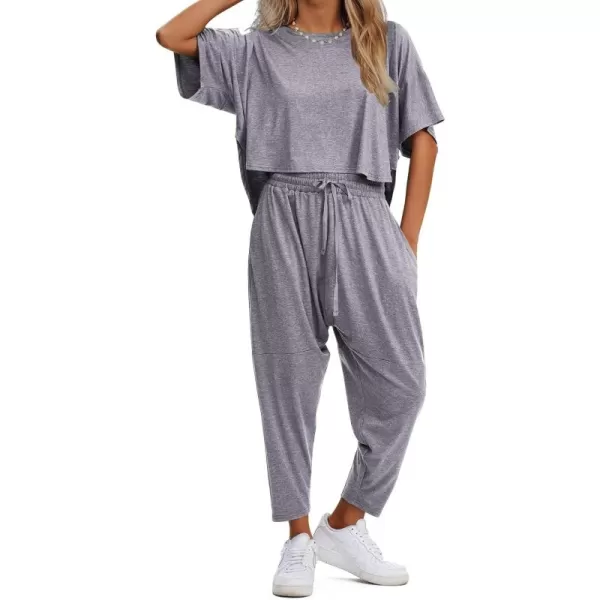 EXLURA Women's Summer 2 Piece Outfits Short Sleeve Crop Top and Jogger Pants Loose Pajama Lounge Matching Sets Tracksuit 2024