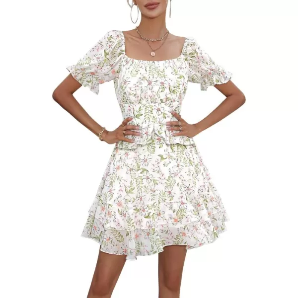EXLURA Womens Summer Dress Floral Ruffle Tiered Square Neck Sundress Short Sleeve Off Shoulder Smocked Mini Dresses